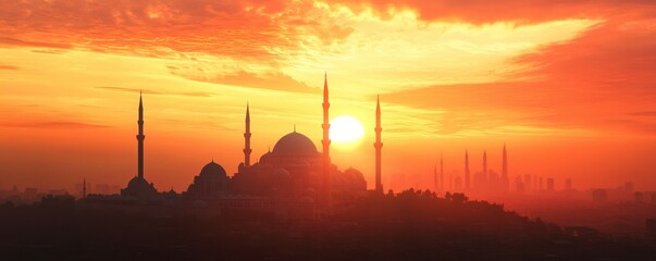 Sunset behind mosque with minarets silhouetted against colorful sky.