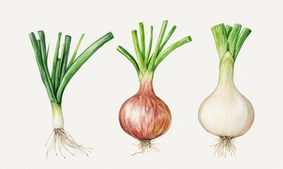 Set of three green onions on a white background.
