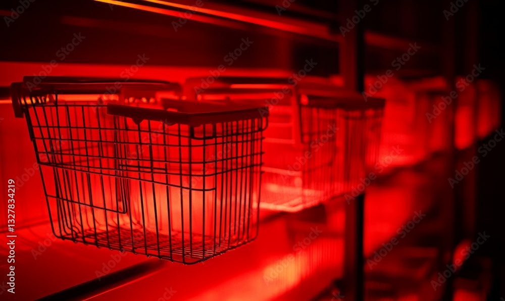 Poster shopping baskets illuminated in red light create striking visual