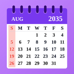 August 2035 Calendar Layout. Vector illustration. Perfect for summer planning.
