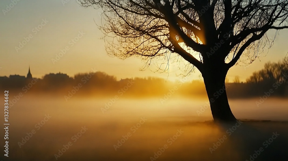Poster a hazy field with a tree in the foreground and a church steeple in the background