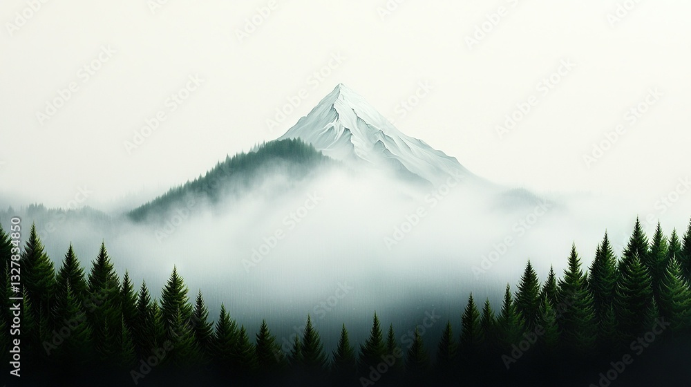 Poster a painting featuring a mountain with surrounding trees in the foreground and a hazy sky as the backd