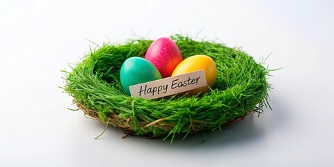 Happy Easter Grass Nest Stock Photo: Spring Holiday Decoration with Copy Space