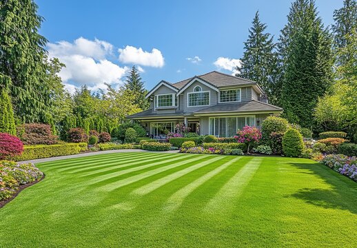 Beautiful suburban home with manicured lawn and vibrant flowerbeds under a clear blue sky and surrounded by lush greenery in a peaceful neighborhood