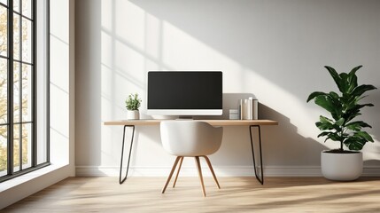 Sunlit workspace with computer, greenery and minimalist design elements