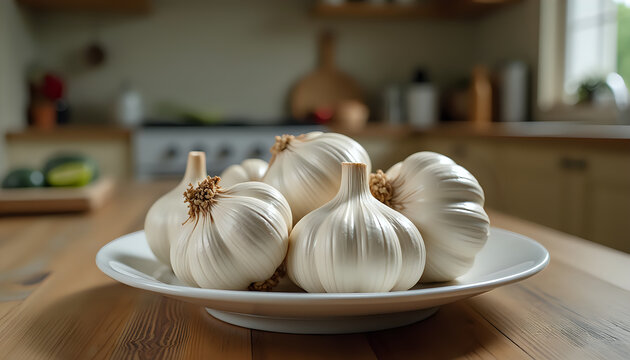garlic bulbs in a bowl on a wooden table