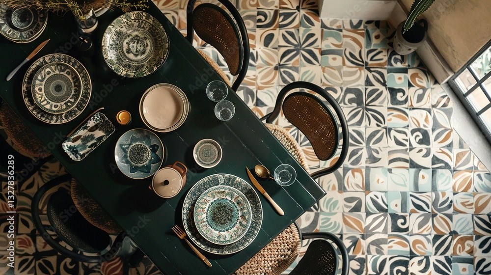 Poster the table is clearly visible from above, featuring a cluster of chairs and various cutlery scattered