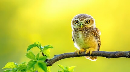 Adorable Burrowing Owl Perched on a Branch in a Sunny Yellow Background