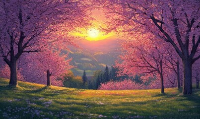 spring sunset behind blooming redbud trees
