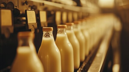 Bottled milk production line in factory with glass bottles and brown lids