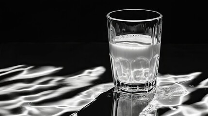 Glass of milk with reflections on a dark surface.