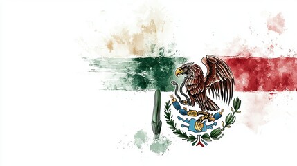 Artistic mexican flag with watercolor brush strokes and eagle emblem.