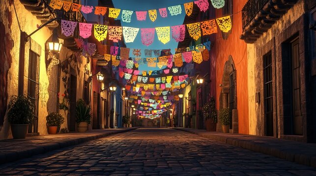 Colorful papel picado decorations on a vibrant mexican street at night celebrating cinco de mayo, mexican culture.