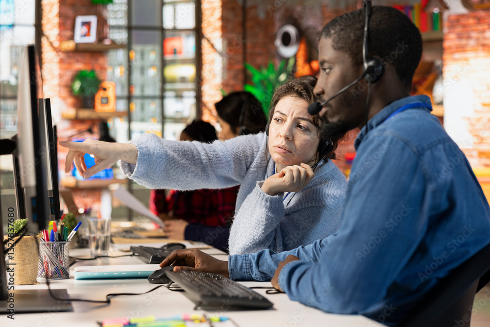Poster call center agents brainstorming answers to customers technical inquiries about network issue. custo