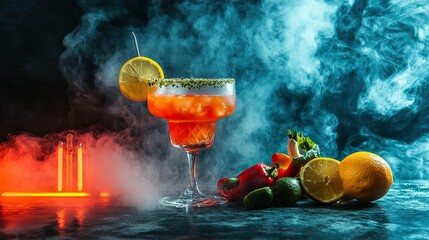 Vibrant cocktail with citrus and smoke in dramatic lighting.