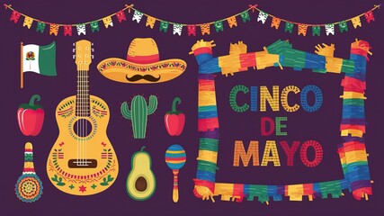 Vibrant cinco de mayo celebration with mexican guitar, sombrero, flag, avocado, and decorations, celebrating mexican culture