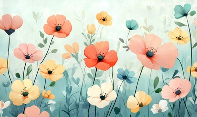 Whimsical illustrations of colorful flowers on a subtle background creating a dreamy atmosphere, pattern, blooming flowers