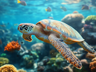 Fototapeta premium Turtle gliding through vibrant coral reef waters