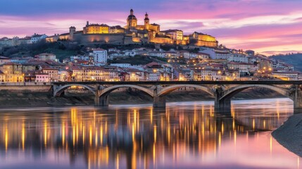 Naklejka premium Breathtaking Skyline Over Reflective River at Dawn