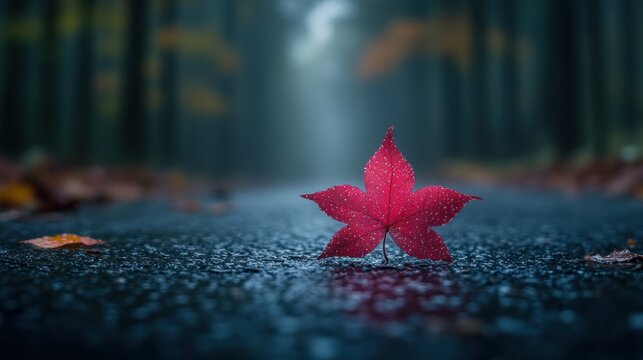 Single crimson leaf on wet asphalt, autumnal forest