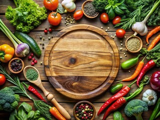 Healthy Eating Cooking Background: Wooden Board, Fresh Vegetables & Herbs, Top View