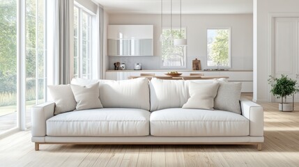 A light-filled living room with a minimalist design, featuring a white sofa, wooden flooring, and an open kitchen space in the background