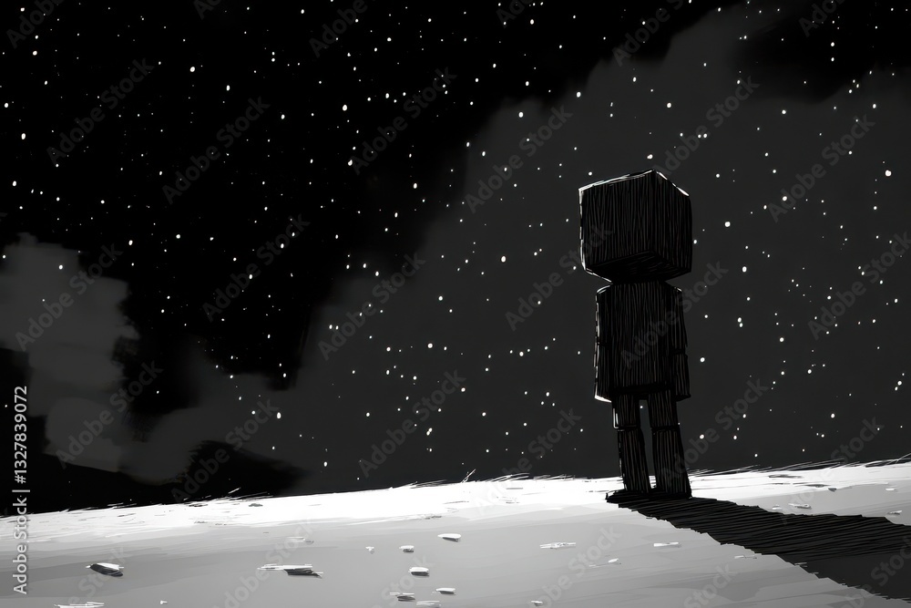 Sticker a lonely block figure standing on a desolate lunar surface