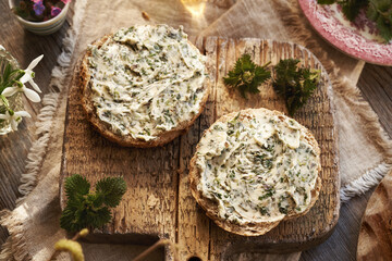 Nettle butter made of wild edible plants harvested in early spring on slices of bread