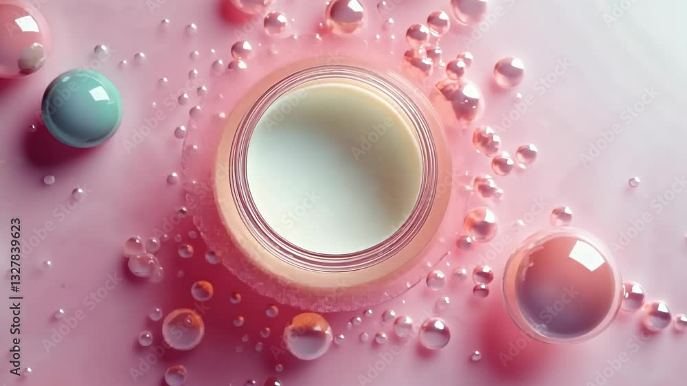 Poster indulging in a soothing skincare ritual with refreshing textures and playful bubbles on a soft paste