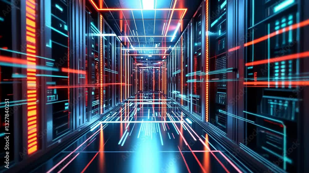 Poster exploring a futuristic data center illuminated by vibrant lights in a high-tech environment generati