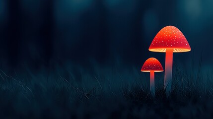 Fototapeta premium Red mushrooms on green field near tall grass forest
