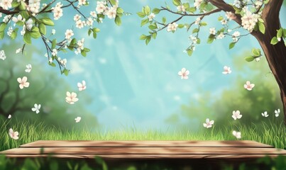 wooden table and spring grass and tree leaves background