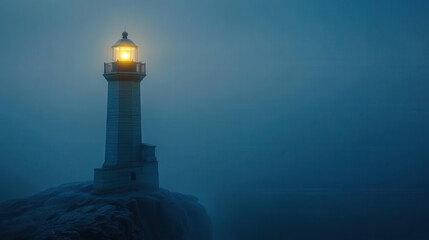 Fototapeta premium A majestic wooden lighthouse standing alone on a jagged coastline, its lantern glowing warmly. The deep textures of the wooden beams and metal fixtures are highlighted against a solid, neutral-toned