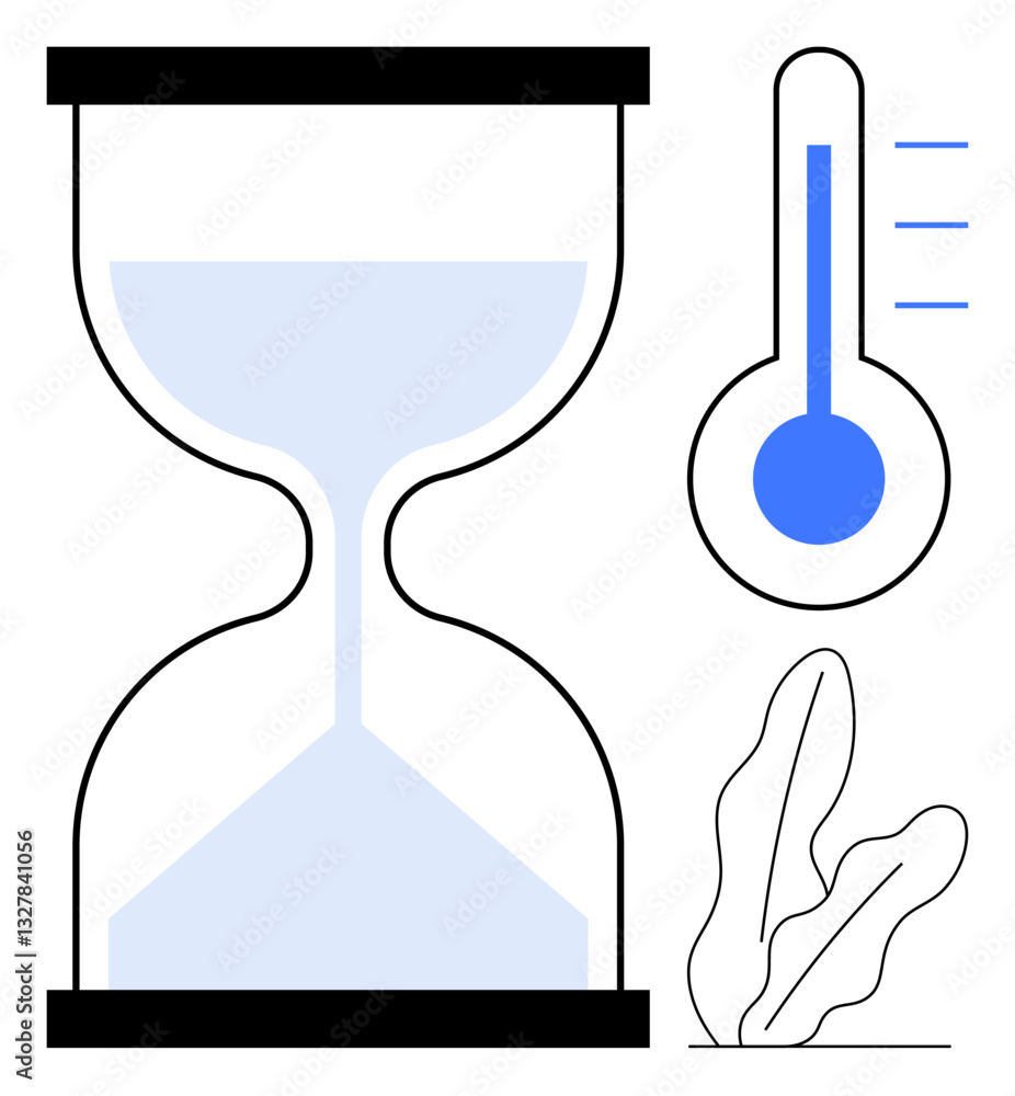 Poster hourglass symbolizing time and thermometer showing temperature next to abstract leaves. ideal for ti