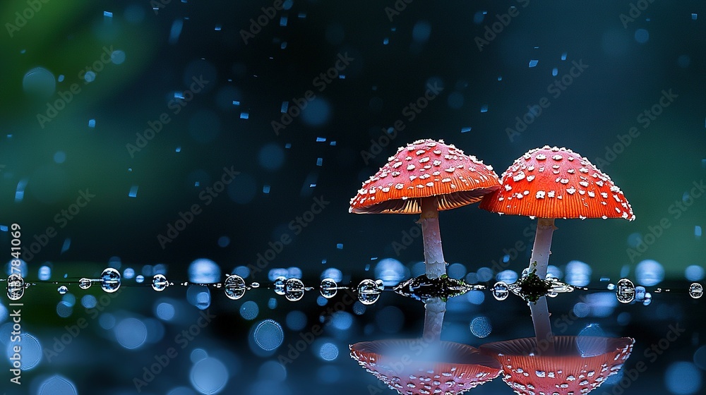 Poster a cluster of mushrooms resting atop a table dotted with raindrops, adjacent to a puddle of water