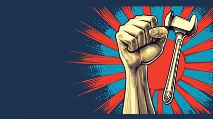 Happy Labor Day Bold fist holding a hammer symbolizing strength.