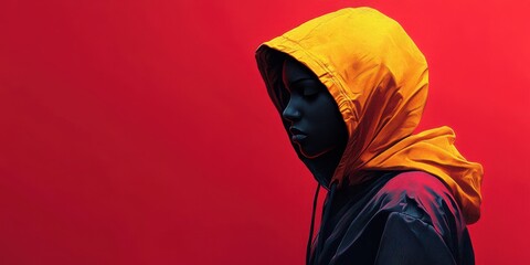 Portrait of a Person in a Yellow Hood Against a Bold Red Background Demonstrating Contrasting Colors and Expressive Fashion Style