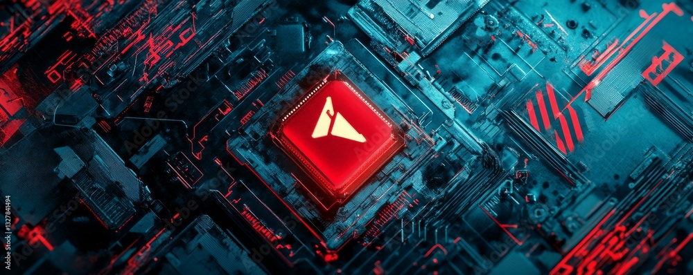 Aufkleber abstract digital artwork featuring red triangle amidst bluish geometric patterns.