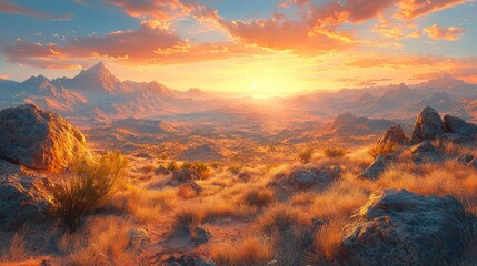 Naklejka premium Vibrant sunset over vast mountain range and desert landscape.