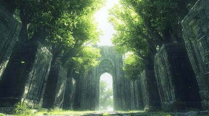 An ancient stone archway framed by tall trees and green foliage