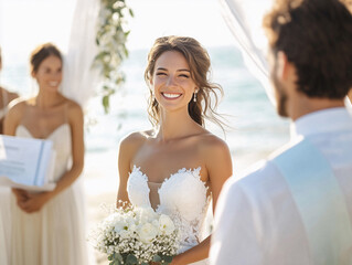 Beach Wedding - Beautiful bride smiling at the groom