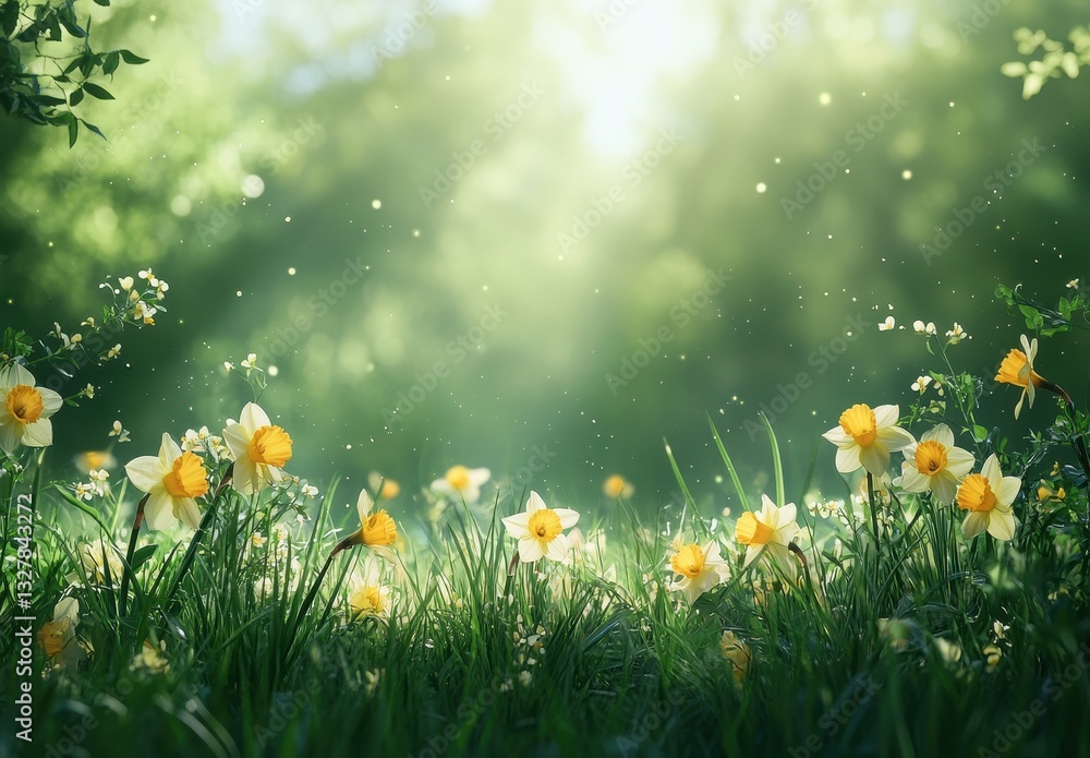 Poster bright and cheerful spring meadow with daffodils and soft sunlight shining through trees in a lush g