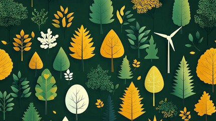   Green background with yellow and green leaves White bird and trees in middle