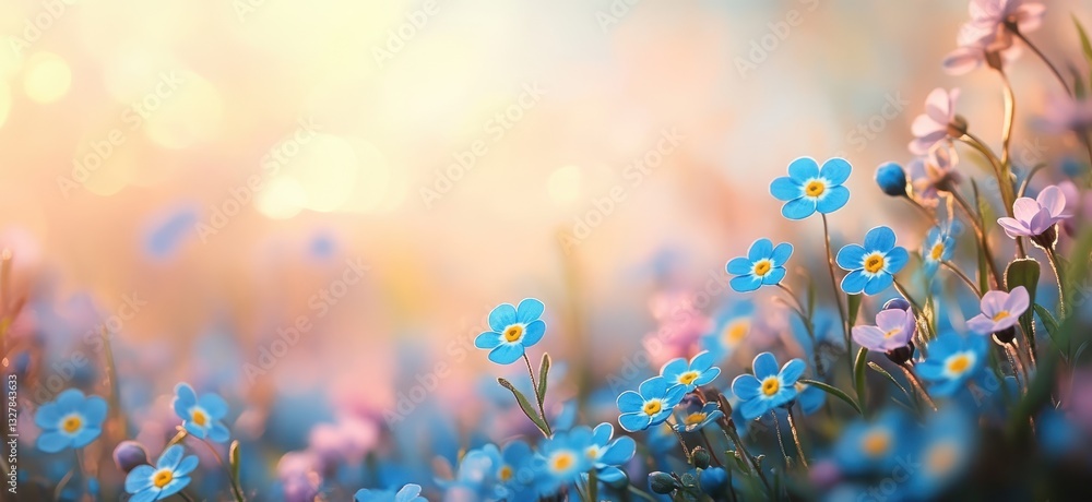 Poster bright and colorful field of blue and pink flowers with soft background bokeh effect in a serene gar