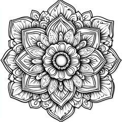 Intricate black and white mandala design with detailed floral patterns, symbolizing balance, harmony, and meditation