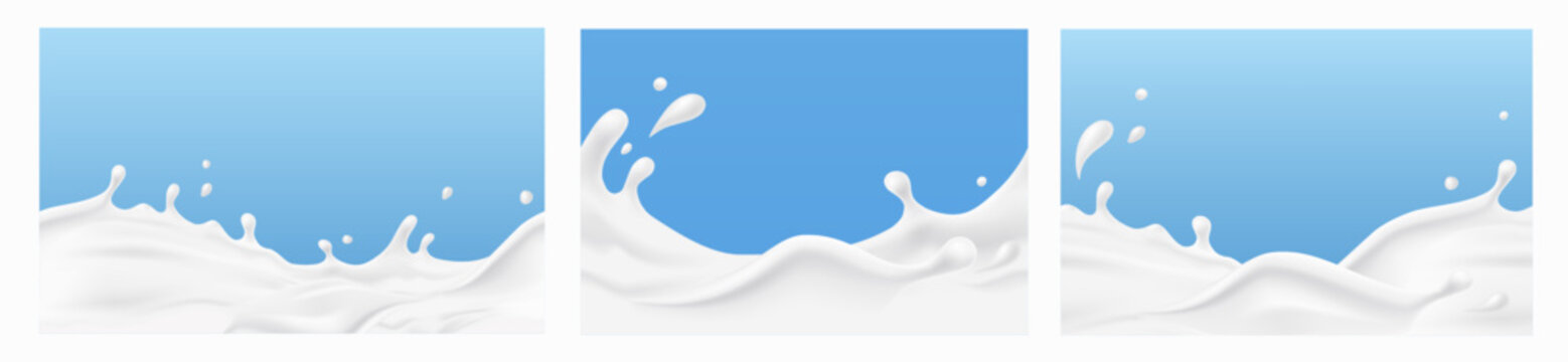 Milk splash seamless patterns. 3d realistic yogurt wave borders on blue backgrounds. Vector milky package designs