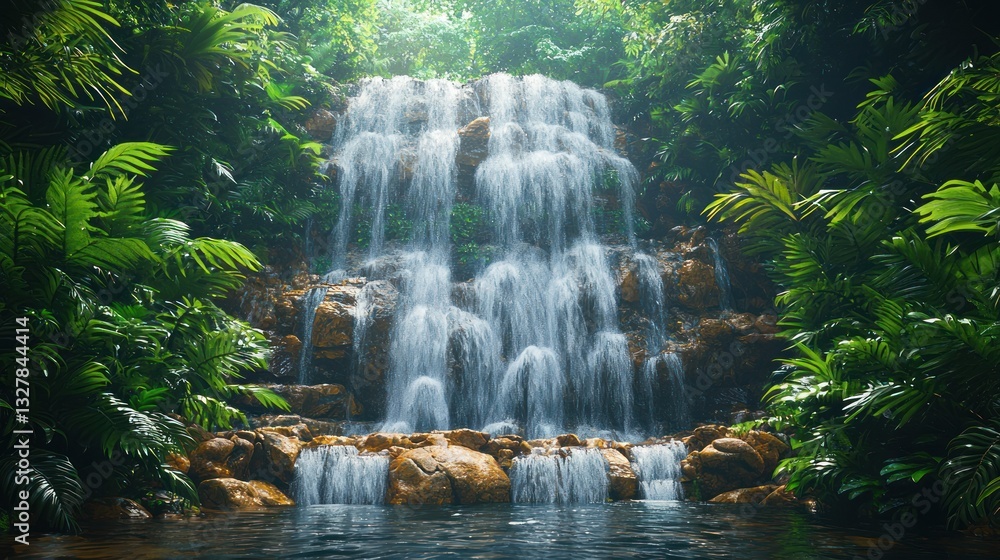 Poster lush jungle waterfall cascading over rocks into a pool.