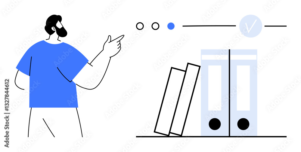 Poster man in blue shirt pointing at stacked files with progress circles and a checkmark. ideal for product
