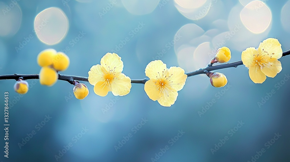 Poster a tree with a cluster of bright yellow blossoms dangling from its limb and a hazy surroundings in th