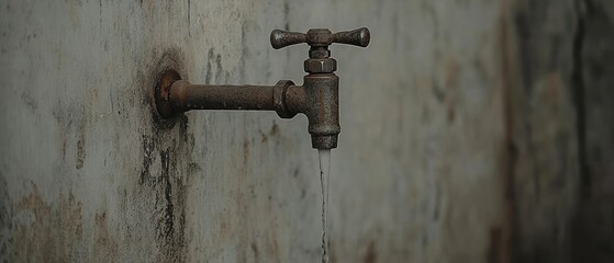 Rusty Faucet Dripping Water Against Weathered Wall